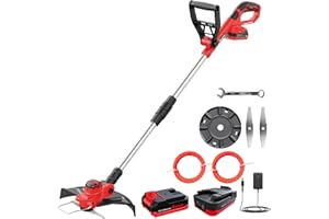 Bamse Cordless Grass Trimmer 21V, Cordless Strimmer Brushless with 2 Batteries 2.0Ah, 2 Cutter Line, 2 Blades, Adjustable Handle, Telescopic Tube, 90°Head Pivots, Perfect for Lawn Garden Pruning