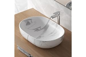 INBAGNO Lavabo Da Appoggio Ovale 60x41 Cm Dal Design Moderno In Ceramica Dall’Effetto Marmorizzato Bianco Linea Tokyo