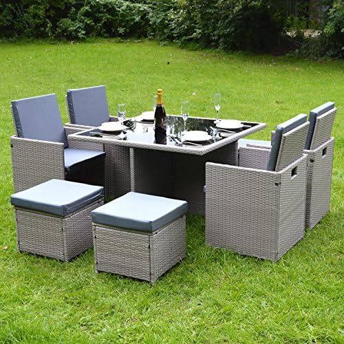 9-Piece/8-Seater PE Rattan Wicker Cube-Style Garden/Patio Dining Table/Chairs Set with Rain Cover (Grey)