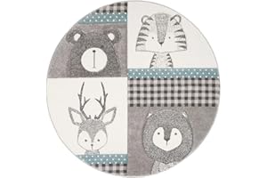 Sedefen Teppich Rund 100cm Kinderzimmer Mädchen Jungen Tiere Motive Grau Weiß Kinderteppich Waschmaschinenfest rutschfest Flauschig Teppich für Schlafzimmer Wohnzimmer