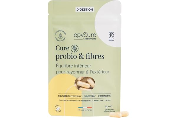 EPYCURE - Cure Complexe Probio et Fibres - Rééquilibre Microbiote Intestinal, Améliore Digestion - 100% Naturel - 4 Souches Probiotiques, Inuline, Calcium, Zinc - 1 Mois - Vegan - Fabriqué en France