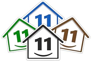 RUBIGO 4 x Bin Numbers for Wheelie Bins, 1-99, 15cm ‘Happy House’ Colour Design Dustbin Stickers, Easy Application Stick On Number Stickers - Weatherproof Self Adhesive Vinyl – Blue, Black, Green, Brown (11)