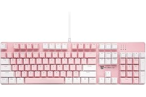 Qisan Mechaniczna klawiatura do gier, przewodowa klawiatura LED, podświetlenie tła w kolorze białym i różowym, 104 przyciski, amerykański układ klawiatury do gier ze zdejmowanym, niebieski przełącznik