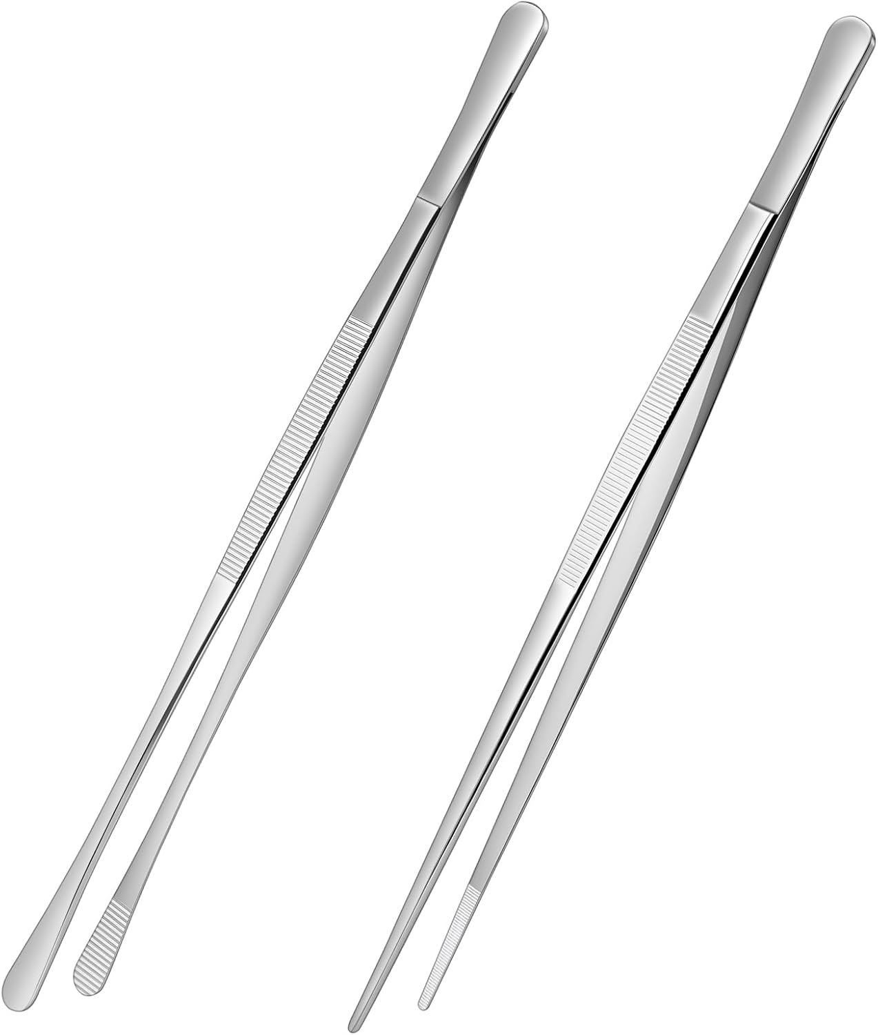 Adiwo Kitchen Tweezers Tongs 2pcs, 30cm Extra-Long Non-Slip Cooking Tweezers, Stainless Steel Metal Food Tongs, for BBQ, Frying, Salad, Hot Pot, Air Fryer, Silver - Straight Head + Round Head