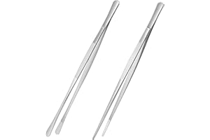 Adiwo Kitchen Tweezers Tongs 2pcs, 30cm Extra-Long Non-Slip Cooking Tweezers, Stainless Steel Metal Food Tongs, for BBQ, Frying, Salad, Hot Pot, Air Fryer, Silver - Straight Head + Round Head