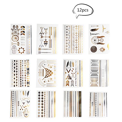 Teenitor 12 Sheets Metallic Temporary Tattoos Waterproof Flash Tattoos Metallic Henna Tattoos - 230+ Designs Temp Tattoos Sticker for Women & Girls - Arrows Feathers Bracelets Wrist & Arm Bands(Gold Silver Black)