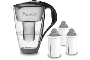 ‎PEARLCO PearlCo Glas-Wasserfilterkanne - 3 (anthrazit) Filterpatronen - 5-stufige Filterung zur Entfernung von Kalk - LED Anzeige für Filterwechsel - Schwarz