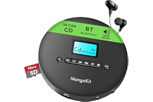 MangoKit CD-X Portable CD Player for Car, Bluetooth Out 5.3, MP3 Playback, Headphones–Personal CD Player with Anti-Skip, Rechargeable Battery–Compact Disc Player for Travel, Home, Language Learning