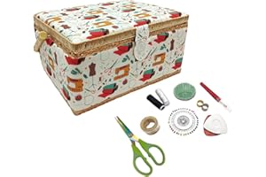 JYC CREATIVE Costurero Pequeño de Madera con Accesorios, Caja de Costura Forrada en Tela con 8 Compartimentos, Organizador con Alfiletero, Caja con Asa, Bandeja para Accesorios, (Pequeño, Máquina)