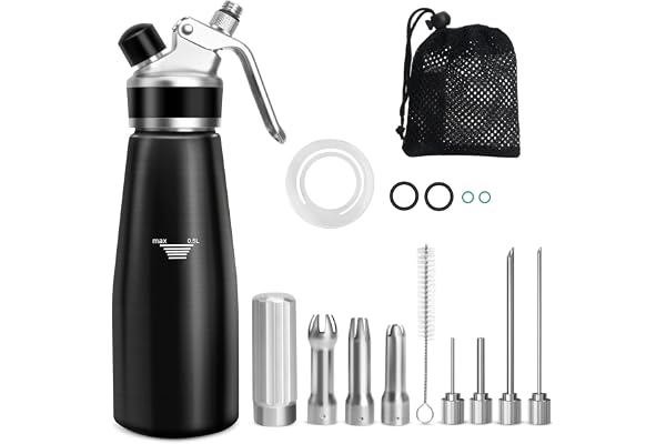 Siphon Chantilly, 500ml Siphon de Chantilly pour Mousses et Crèmes,Gâteaux et Desserts, Syphon à crème avec 4 conseils d'injecteur,3 Douilles en Acier Inoxydable,Sac en filet,Brosse de Nettoyage