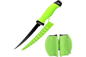 Comioke Couteau à Filet 7 Pouces, Couteau à Désosser, Couteaux à Désosser, Couteaux à Filet de Poisson avec Gaine de Protection et Affûteur (Vert)