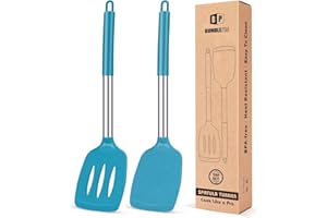 BUNDLEPRO Juego de 2 Espátulas de Silicona, Espátula Antiadherentes Resistente al Calor, Utensilios de Cocina para Servir, Freir, Cocinar Huevos, Peacado, Verduras, Steak, Tortitas（Azul）