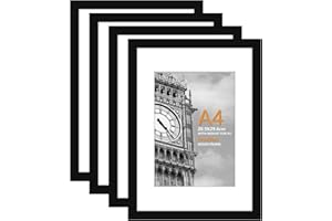 HoziRes A4 Frames, 100% Solid Wood A4 Picture Frame Black, Set of 4 A4 Frame with Mount for A4/A5 Print Photo & Poster, A4 Photo Frame with Plexiglass Front for Tabletop and Wall Mounting Poster Frame