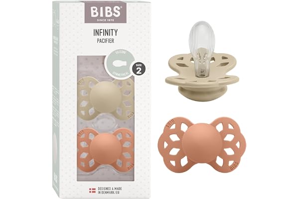 Lot de 2 sucettes physiologiques BIBS Infinity, sans bisphénol A, tétine physiologique en silicone, Téterelle symétrique. Silicone, Fabriqué au Danemark, Taille 2 (6-18 mois), Vanilla/Peach