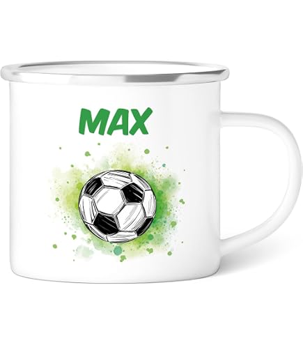 Personalisiertes Emaille-Fußball-Becher – 300 Ml, Weiß/schwarz | Spülmaschinenfest, Kratzfest