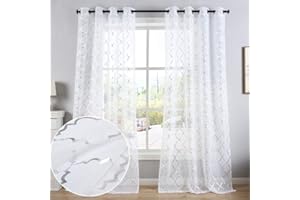 Kotile Curtains with Eyelets, Voile Sheer Foil Print, Moroccan Pattern, for Baby Room, 2 Panels, Moroccan 52 x 63 Inches. White Sheer - Silver Moroccan