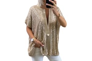 Minetom Donna Maglietta Elegante Paillettes Oversize Camicette Camicia Manica Lunga Scollo V Casual Blusa Tops