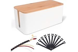 HASA zone Caja Cables Blanca, con Tapa de Bambú, para Ocultar Cables TV, Incl. Espiral Cubre y Ataduras, Organizador 32x13.5x13cm