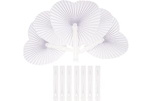 BUBUNY 12 Pcs White Paper Fans Heart Shaped Paper Fans Folding Paper Fans Handheld Wedding Fans, Souvenir Fan Chinese Handheld Fans with Plastic Handles for DIY Summer Wedding Birthday Party Favour Fillers