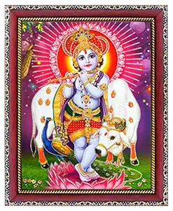 Koshtak bal Krishna ji/kanha ji/bal Krishna/bal Gopal with Cow on Lotus Photo Frames for Wall Hanging/Gift/Temple/puja Room/Home Decor with Unbreakable Acrylic Glass for Worship