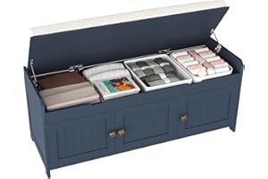 HOME BI Shoe Bench with Lift Top Storage, Entryway Storage Bench with Cushioned Seats, Shoe Rack Bench with 3-Door Cabinet for Entryway, Bedroom, Living Room,Blue