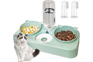 DOEPEBAE Ciotole per Gatti Rialzate 3 in 1, Doppio Ciotole per Gatti, Separazione a Umido e a Secco Ciotola per Acqua e Cibo per Gatti Gattino Cani Piccoli, con 2 Spazzolini da Denti per Gatti (Verde)