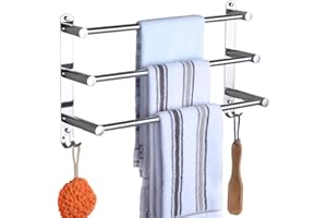 HONPHIER Adjustable Towel Rail 3-Tier Bath Towel Rack SUS 304 Stainless Steel Towel Shelves with Hooks Wall Mounted Towel Holder Towel Bar for Kitchen Bathroom 49-90CM, Chrome