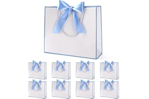 Yieseang Gift Bags for Presents,White Present Bags with Blue Ribbbon for Bridesmaids,Wedding,Birthday,Party, Celebration,30x25x10cm,8 Pack