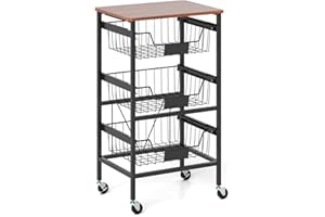 KOMFOTTEU Cesto per frutta e verdura mobile, cestino per frutta con piano in legno, porta pranzo con ruote bloccabili, carrello da cucina (3 cestini rimovibili, 42 x 31 x 74 cm)