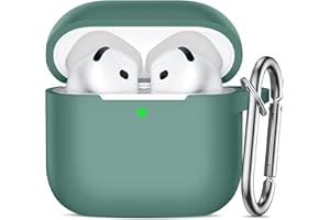 Ouwegaga Cover per Airpods 4 2024, Silicone Custodia per Airpods 4 Generazione, Protezione Completa del Corpo Cover Compatìbile con Apple Airpods 4 Case, con Moschettone, Pinegreen