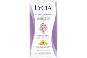 Lycia, Strisce Depilatorie Viso per Pelle Sensibile con Estratto di Calendula Lenitivo ed Emolliente, Senza Profumo, Coloranti e Conservanti, Delicate Touch, 20 Strisce + 4 Salviette Post Depilazione