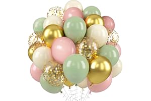 DOOFE Dusty Green and Pink Balloons, 60Pcs Retro Pink and Green Balloons with Gold Confetti 12 Inch Latex balloons for Birthday Baby Shower Easter Woodland Floral Fairy Garden Tea Party Decorations