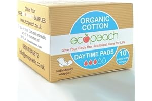 Ecopeach Organic Cotton Day Time Pads with Wings, 60 Sanitary Towels (6 Packs x 10) - Ultra Soft & Absorbent, Breathable, Hypoallergenic, Chlorine-Free, Fragrance-Free. Designed for Sensitive Skin