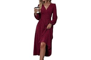 HUXRAKV Damen Elegant Kleid Langarm V-Ausschnitt Freizeitkleider A-Linie Blumenmuster Wickelkleid Herbst Winter Laternenärmeln Kleid Partykleid Abendkleider