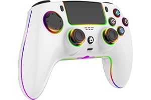 MYSTILUCK Wireless Controller für PS4/PS3/Pro/PC/MAC/iOS/Android10/Steam Deck, Gamepad mit 7 Farben RGB Beleuchtung/Dual Vibration/Turbo/Lautsprecher/Touchpad/Kopfhörerbuchse/1500 mAh Akku, Weiß