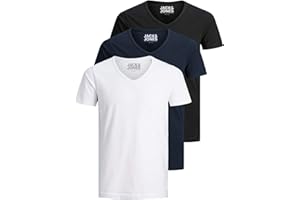 Jack & Jones Lot de 3 t-shirts basiques à col en V pour homme, Couleur unie, Coupe slim, en blanc, noir, bleu, gris