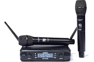 WOODBRASS Microphone sans Fil Système 2 x Micro UHF Multi fréquences - Portable Micros à Main pour Karaoké, Professionnel, DJ, Animation, Mariage, Conférence (UHF-2M-MULTI)
