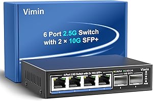 Commutateur Réseau Non Géré 6 Ports 2.5G, VIMIN 4X 2.5Gbase-T Switch, 2X 10G SFP+ Port, 60Gbps Capacité de Commutation, IEEE802.3, Boîtier métallique, Fonctionne pour 2.5Gbps NAS, Wireless AP & PC