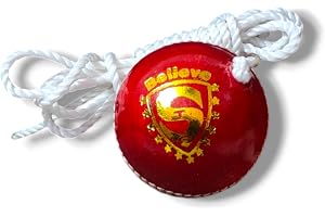 STC SPORTS Leather Cricket Shot Practice Hanging Ball, String Cricket Ball and Knocking Cricket Ball with Rope, RED, Pack of 1 (Red)