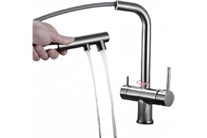 SJQKA Grifo de cocina de 3 vías con rociador extraíble, grifo mezclador de cocina (gris)