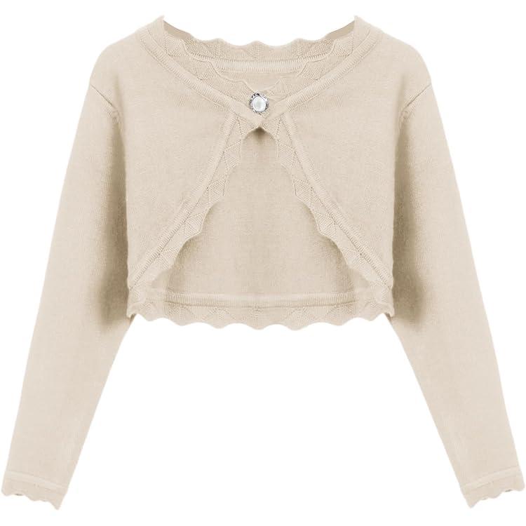Arshiner Bolero met open voorkant voor meisjes, cardigan voor kinderen, gebreide bolero met lange mouwen en knoopsluiting, Crème Wit