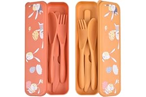JIAYAUS Set di 2 Set Posate da Viaggio con Custodia - Simpatico Motivo A Coniglio, Portaposate da Viaggio Posate Plastica Riutilizzabili Posate Portatili per Viaggio Picnic Scuola (Arancione + Giallo)