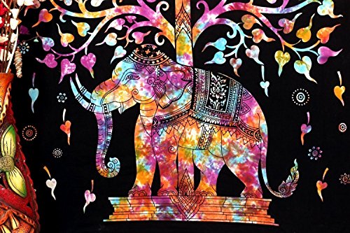 Handicrunch Elefant Baum Bildteppich, Good Luck White Elephant Teppich, Hippie Gypsy Wandbehang , Baum des Lebens Teppich, New Age Dorm Tapestry (Multi / Schwarz) - 4