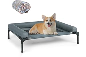 MFOX Cooling Elevated Dog Bed with Bolsters, Raised Outdoor Dog Bed for Smal Dogs | No-Slip Rubber Feet | Washable & Breathable Mesh | Most Suitabie for Sleeping - Grey (90 x 65 x 18cm)