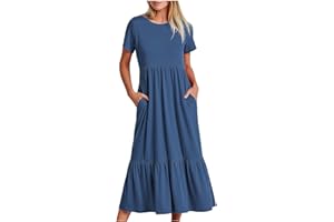 AMhomely Women Dress Sale Clearance Summer Casual Short Sleeve Crewneck Swing Dress Flowy Tiered Maxi Beach Dress with Pockets UK Ladies Dress Party Elegant Beach Dress Club Cocktail Work Dresses