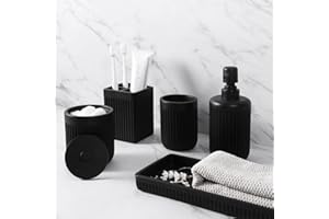 XLHOMO Resin Matte Black Bathroom Accessories Set 5 Pcs, Lotion Soap Dispenser Toothbrush Holder Bathroom Tumbler Cotton Swab Jar and Multifunctional Tray, Bathroom Organizer Accessory for Modern Home Decor