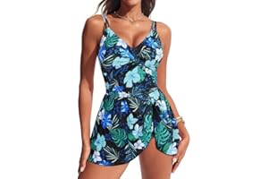 Hanna Nikole Women's Skirted One-Piece Swimsuits Push Up Swimming Costume Tummy Control Swimwear Cross Swim Dress Slit Bathing Suits with Swim Bottooms Monokinis