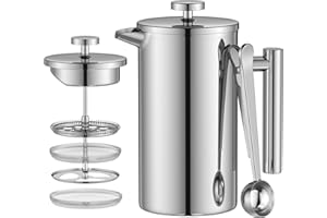Enfmay Cafetière 8 Cups French Press Coffee Maker, 1000ML 3 Level Filter Double-Walled Insulated Stainless Steel French Press Caffettiere for Home and Office, Extra 1Filter and 2-in-1 Clip Spoon