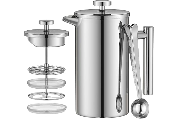 Enfmay Cafetière à Piston, French Press 1L avec Filtre 4 Couches et Cuillère, Presse Française à Café, Isolée en Acier Inoxydable, Amovible, Facile à Nettoyer, Argenté