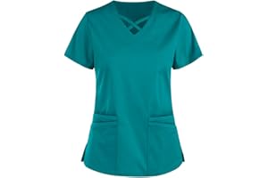 UNHU Damen Pflegebekleidung Einfarbig T-Shirt Schlupfkasack Kurzarm V-Ausschnitt Schlupfhemd Berufskleidung Kasack Krankenpfleger Uniformen mit Taschen